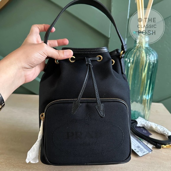 NEW Prada Jacquard Logo Bucket Black Canvas Tote Crossbody Bag - Picture 2 of 11